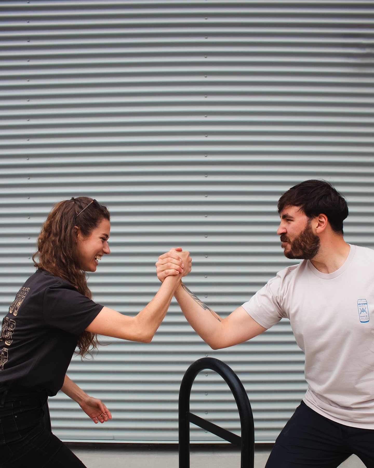 Secret &ldquo;we&rsquo;re both wearing rad new WTB swag&rdquo; handshake OR arm wrestling over which new colourway is better? 

New Tallboy Tees are in stock in two new colours: Charcoal/Tan and Bone/Cobalt Blue 🤩

Come check &lsquo;em out!
Open 12p