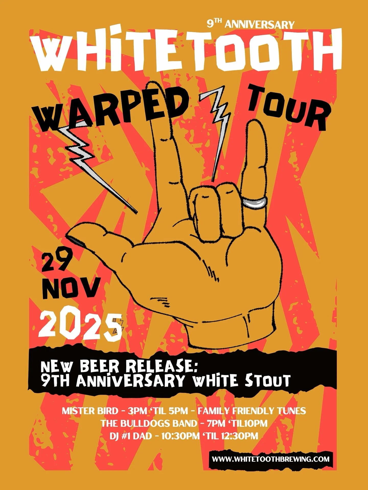 What&rsquo;s my age again? Whitetooth Brewing Co. is turning NINE on November 29th &amp; we&rsquo;re celebrating with a Whitetooth Warped Tour mini fest 🖤 

Three acts, a fresh new beer release + all the good times

🏁 @mister_redgebird
3pm-5pm | Fa