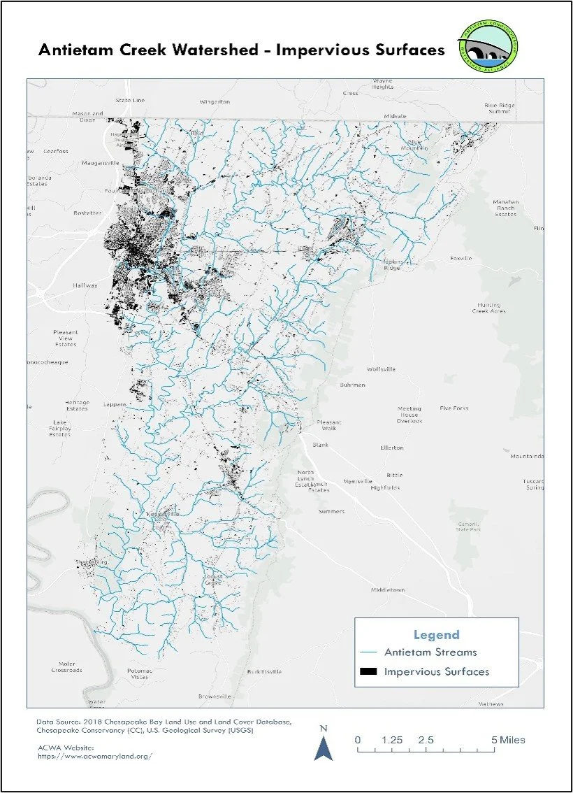 Map identifying land in the Antietam Watershed covered by impervious surface