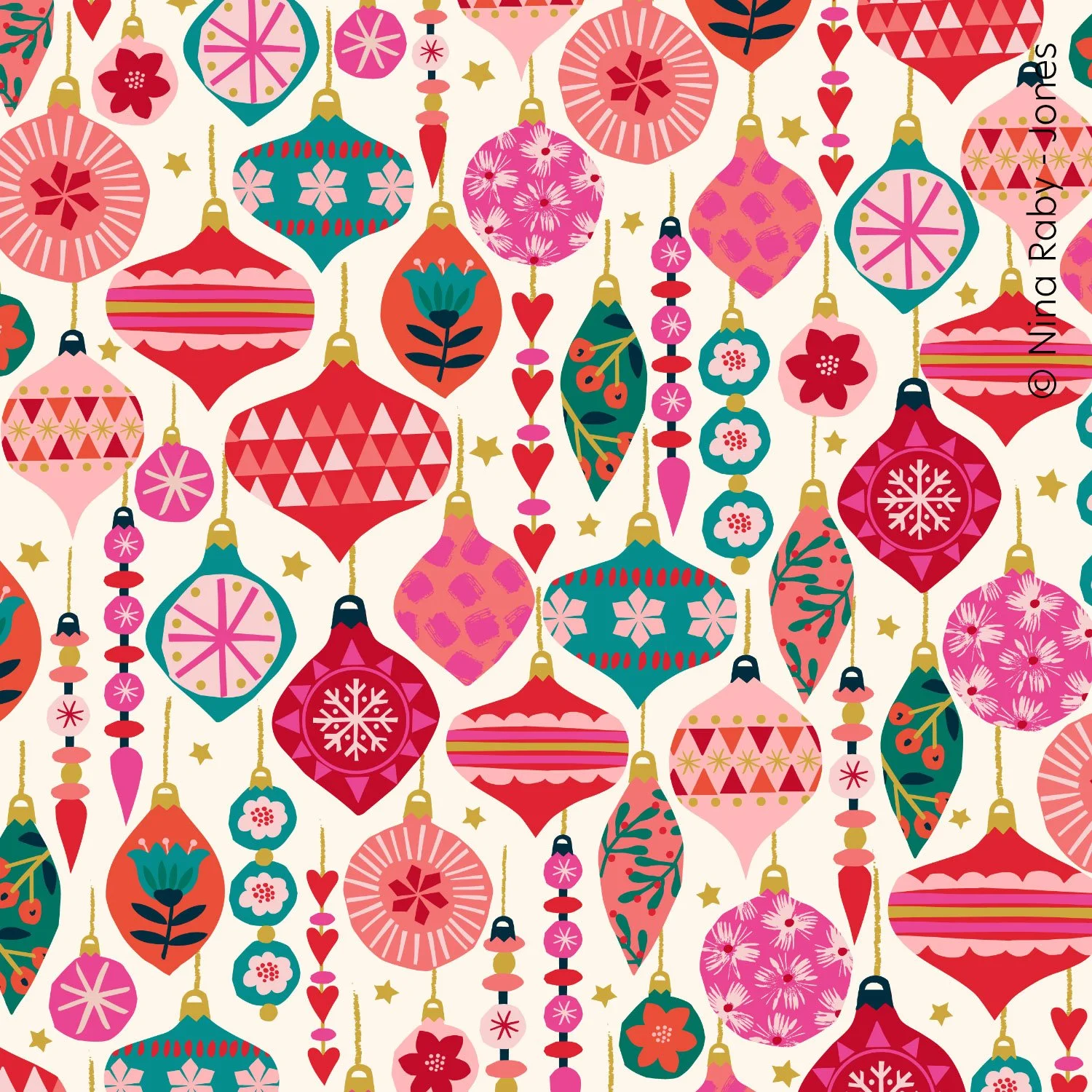Pattern of colorful Christmas ornaments with various floral, geometric, and holiday motifs, along with scattered gold stars on a light background.