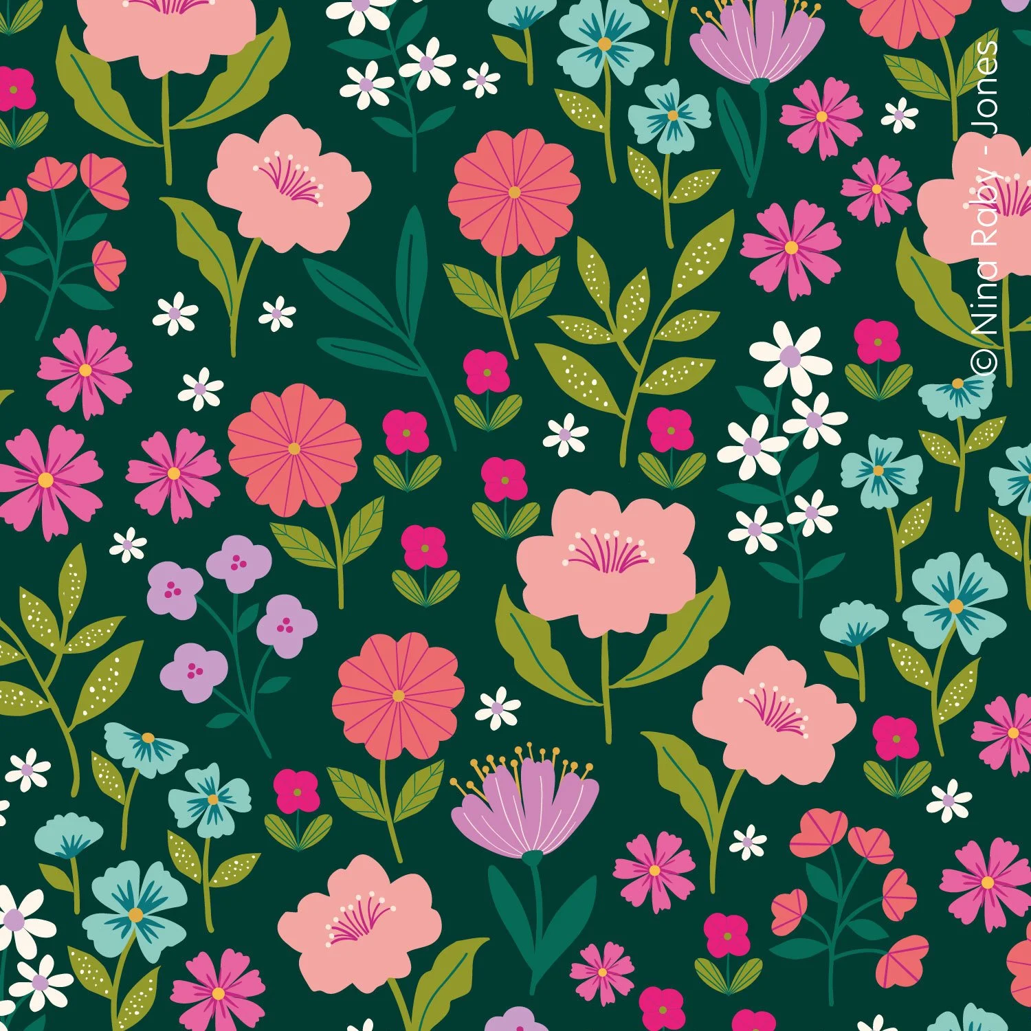 Spring inspired pattern of colorful flowers including pink, purple, blue, and white blossoms with green leaves on a dark background.