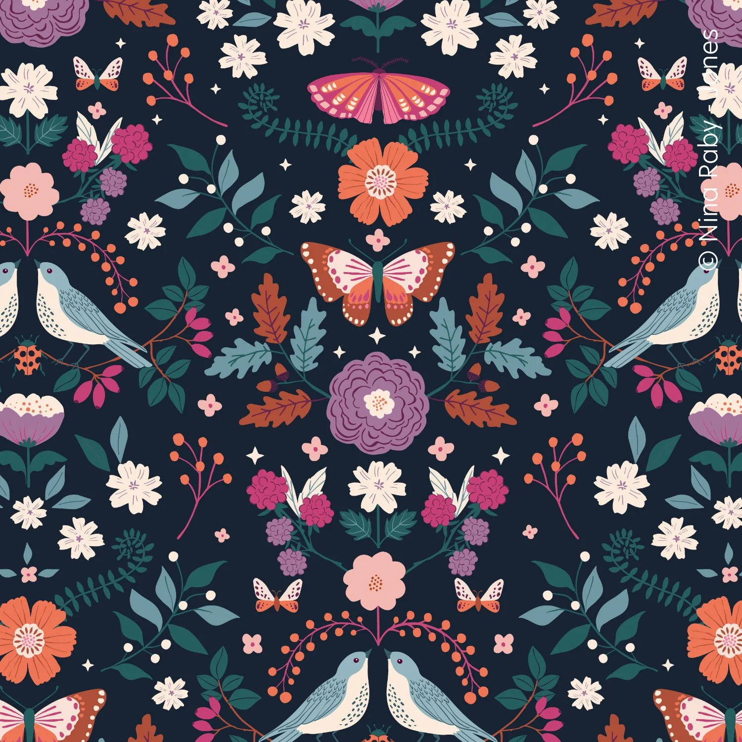 An autumual symmetrical pattern featuring birds, butterflies, flowers, and foliage with a dark background.
