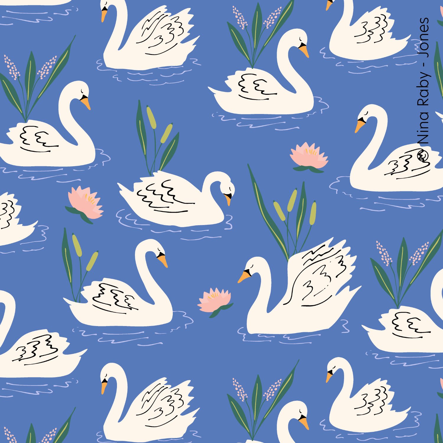Pattern of white swans swimming in a pond with pink water lilies and green aquatic plants on a blue background.