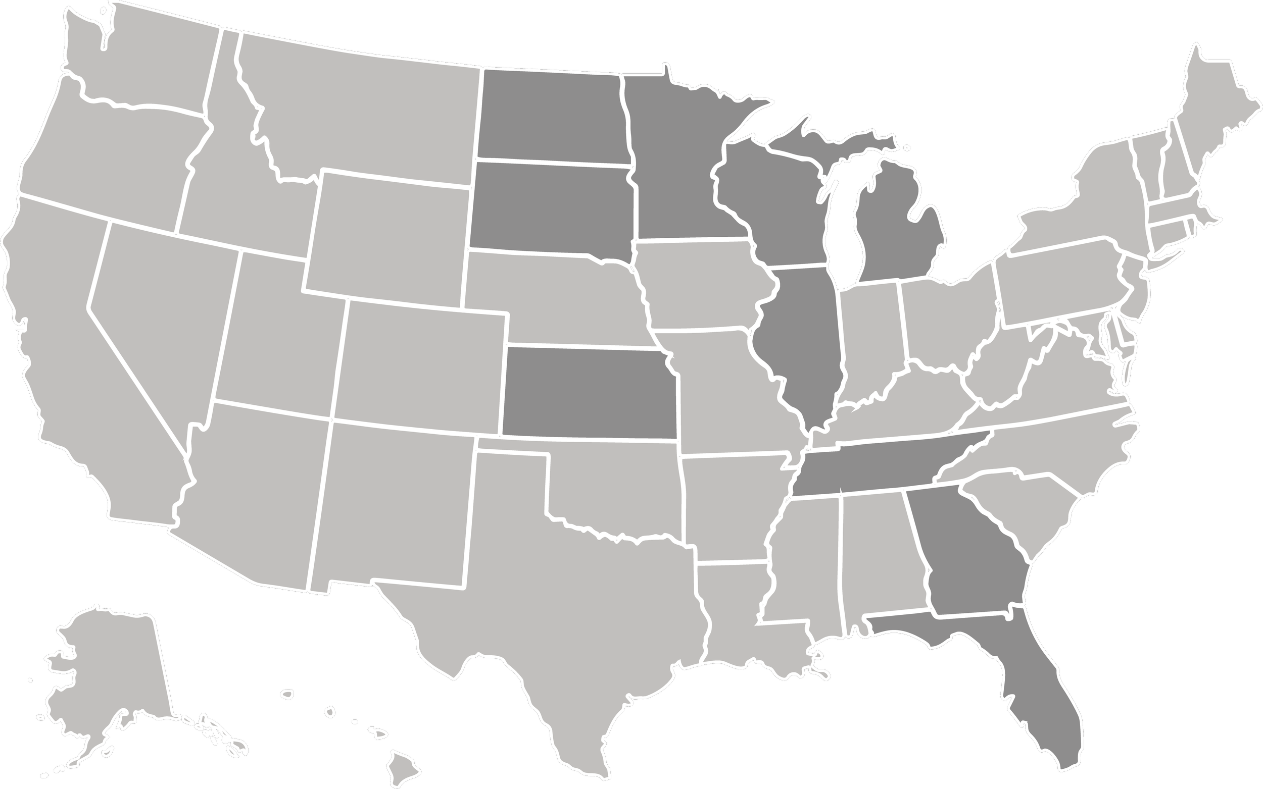 A map of the United States with states shaded in various shades of gray