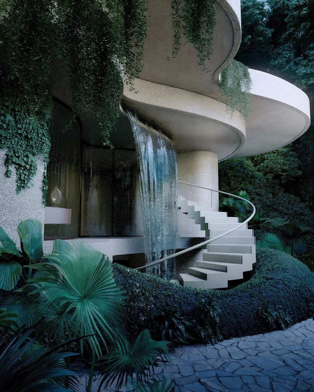 A concept house built into the nature surrounding it. Ponds, waterfalls and ivy are used as living features.