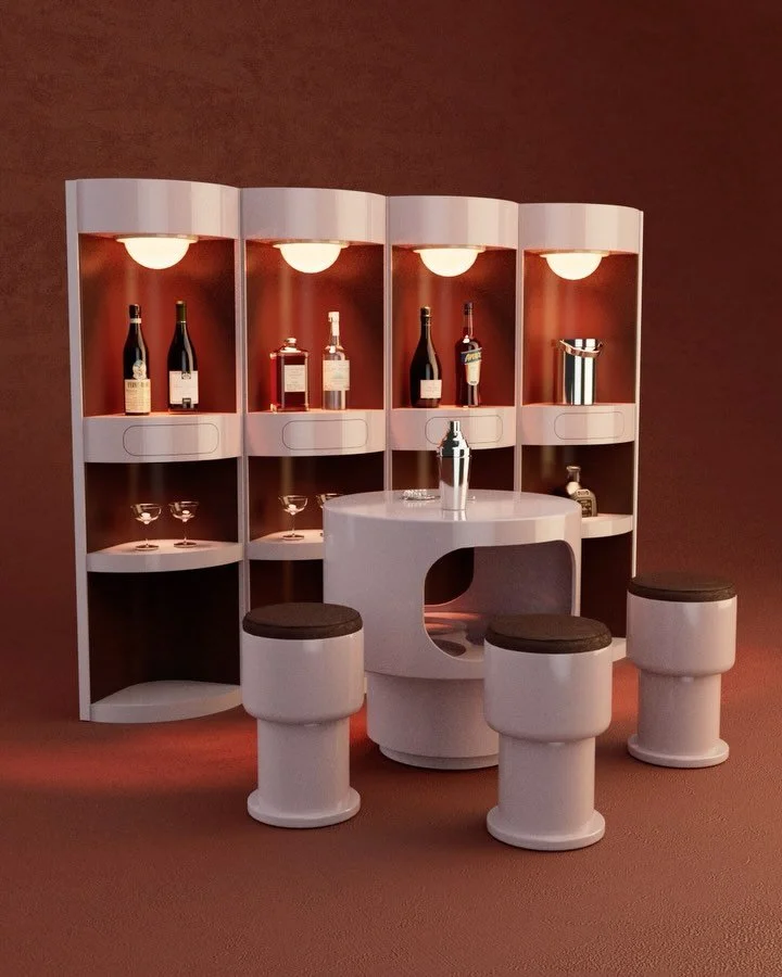 A pop-up space-age bar. A redesign of Joe Colombo&rsquo;s from the 1960&rsquo;s. The design features swivel stools that spin downwards to store away, drawers for utensils and sliding shelves for glasses and ice.