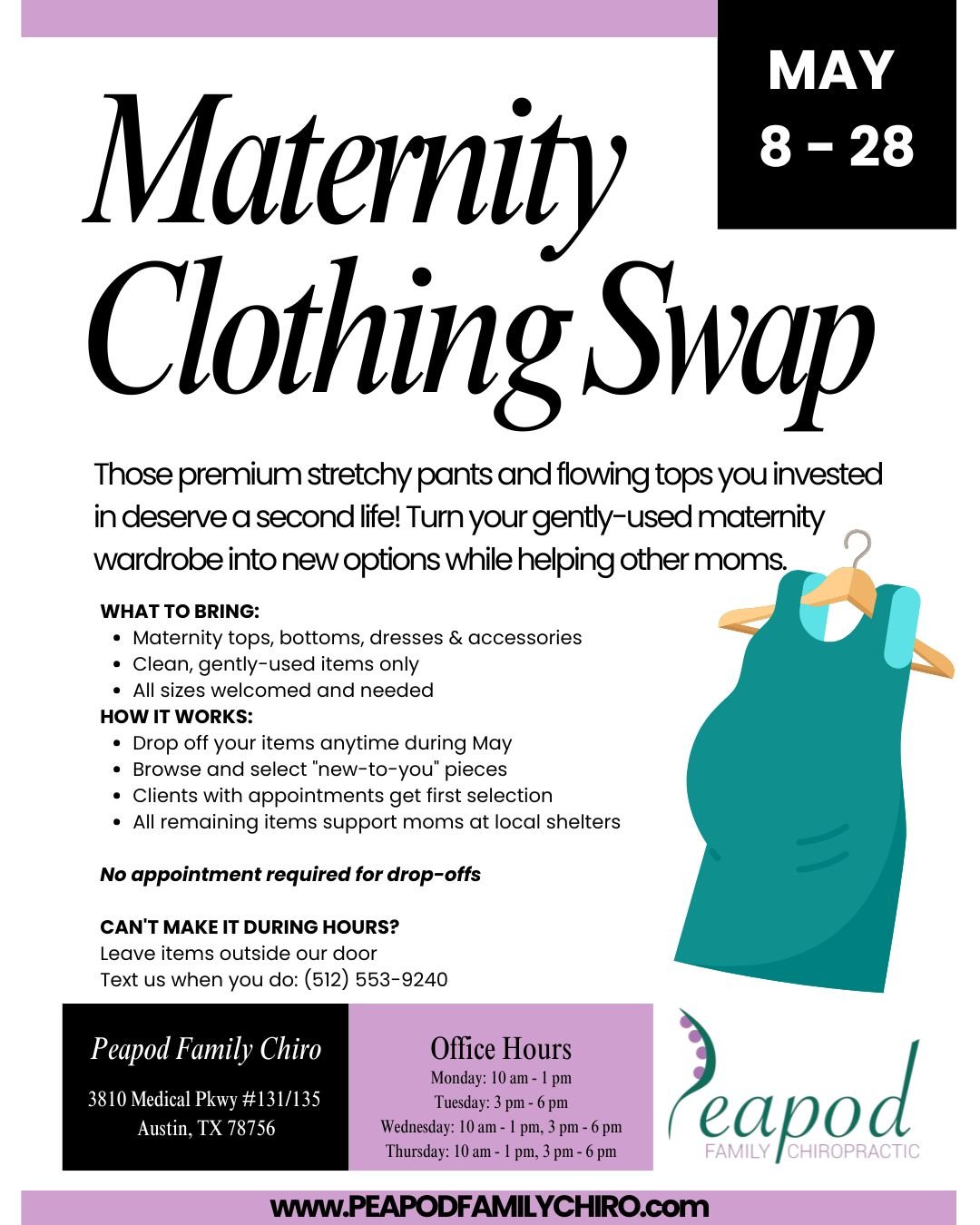 ✨ CALLING ALL MAMAS (past, present &amp; future) ✨

Let's be honest &ndash; those pricey stretchy pants you wore for 5 whole months? They're just taking up precious closet space now!

Join us this May for the Great Maternity Wardrobe Liberation (yes,