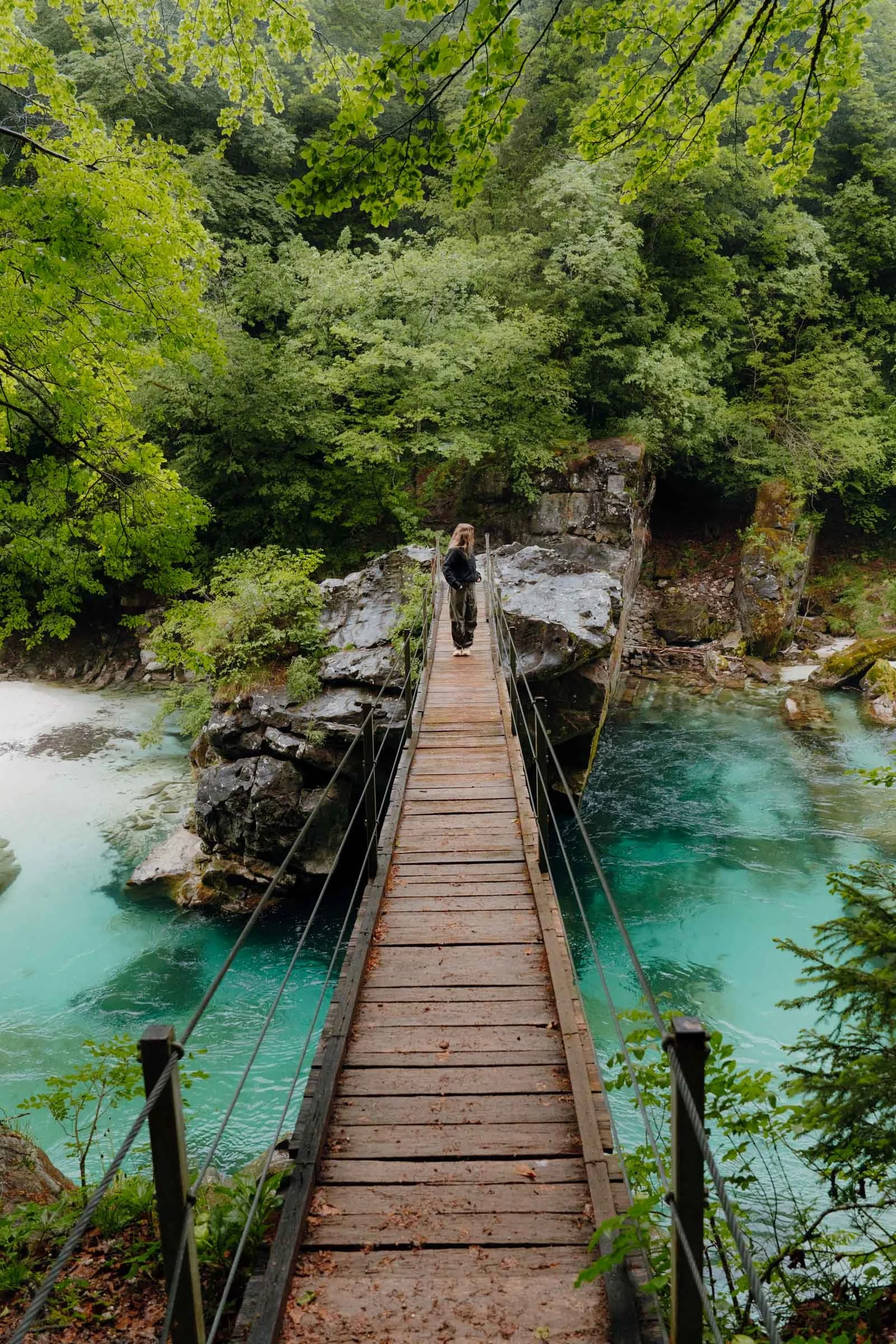 Suspension bridge in the Soca Valley, Alpe Adria Trail, Slovenia