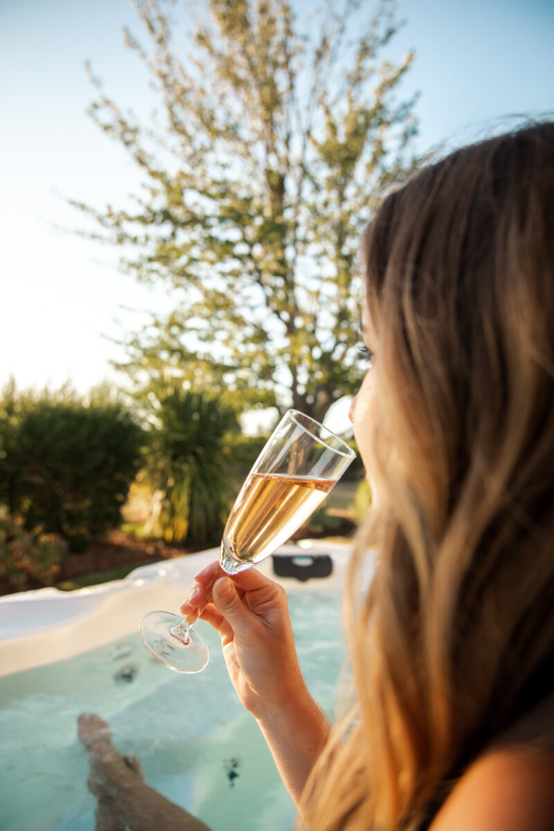 Lytle-Barnett sparkling wine in the hot tub in the Willamette Valley's AtTheJoy