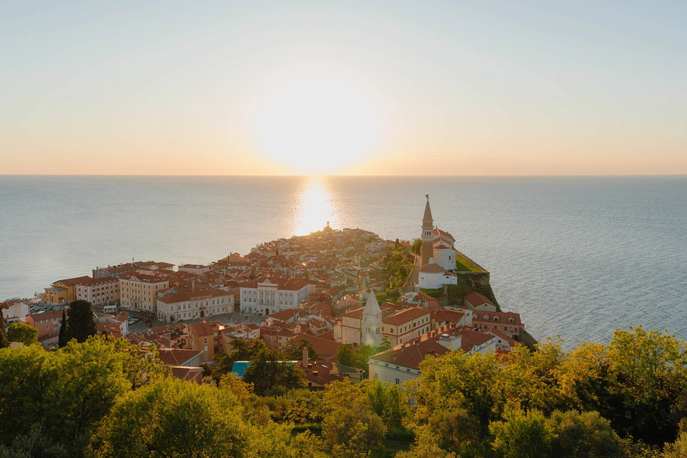 Aerial over Piran, Slovenia at sunset