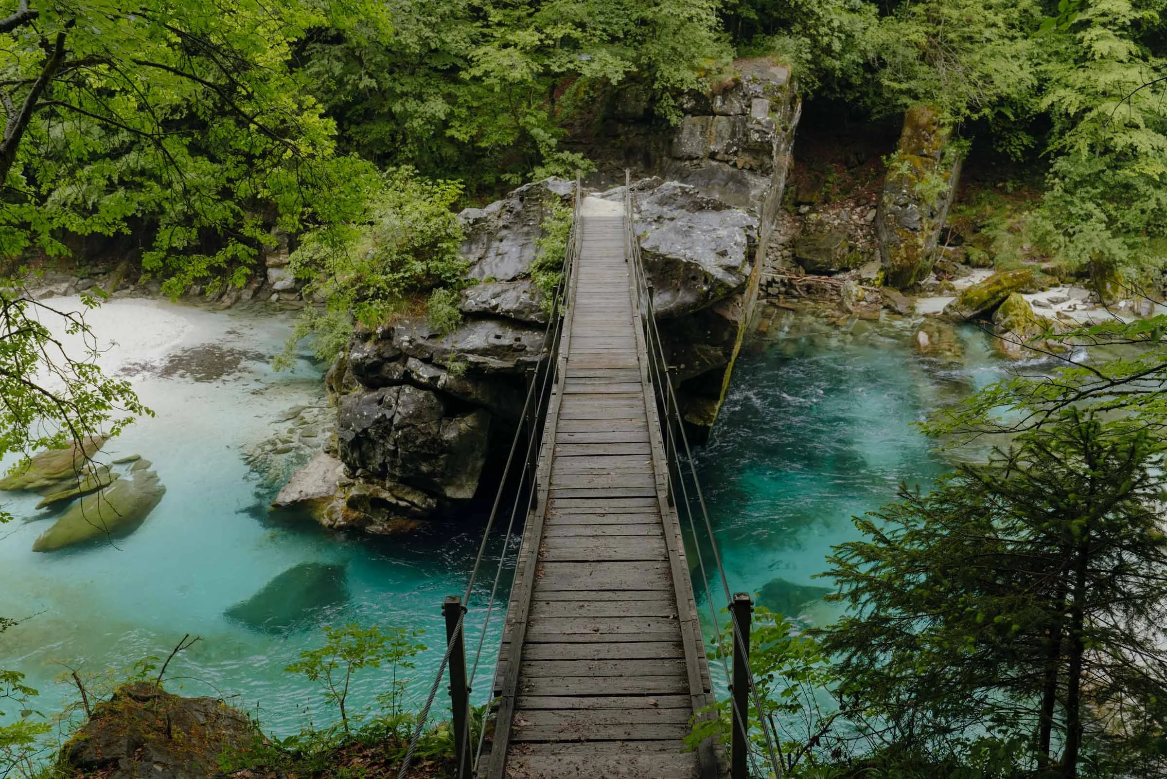 Suspension bridge over the soca river in Slovenia