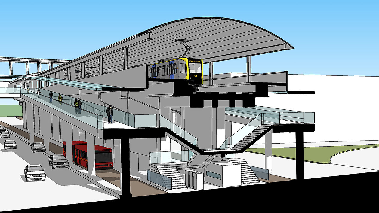 Section view of the 3D model of an integrated MRT and BRT station