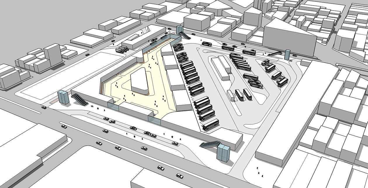 Aerial view of the 3D model of another alternative for the redevelopment of the bus terminal