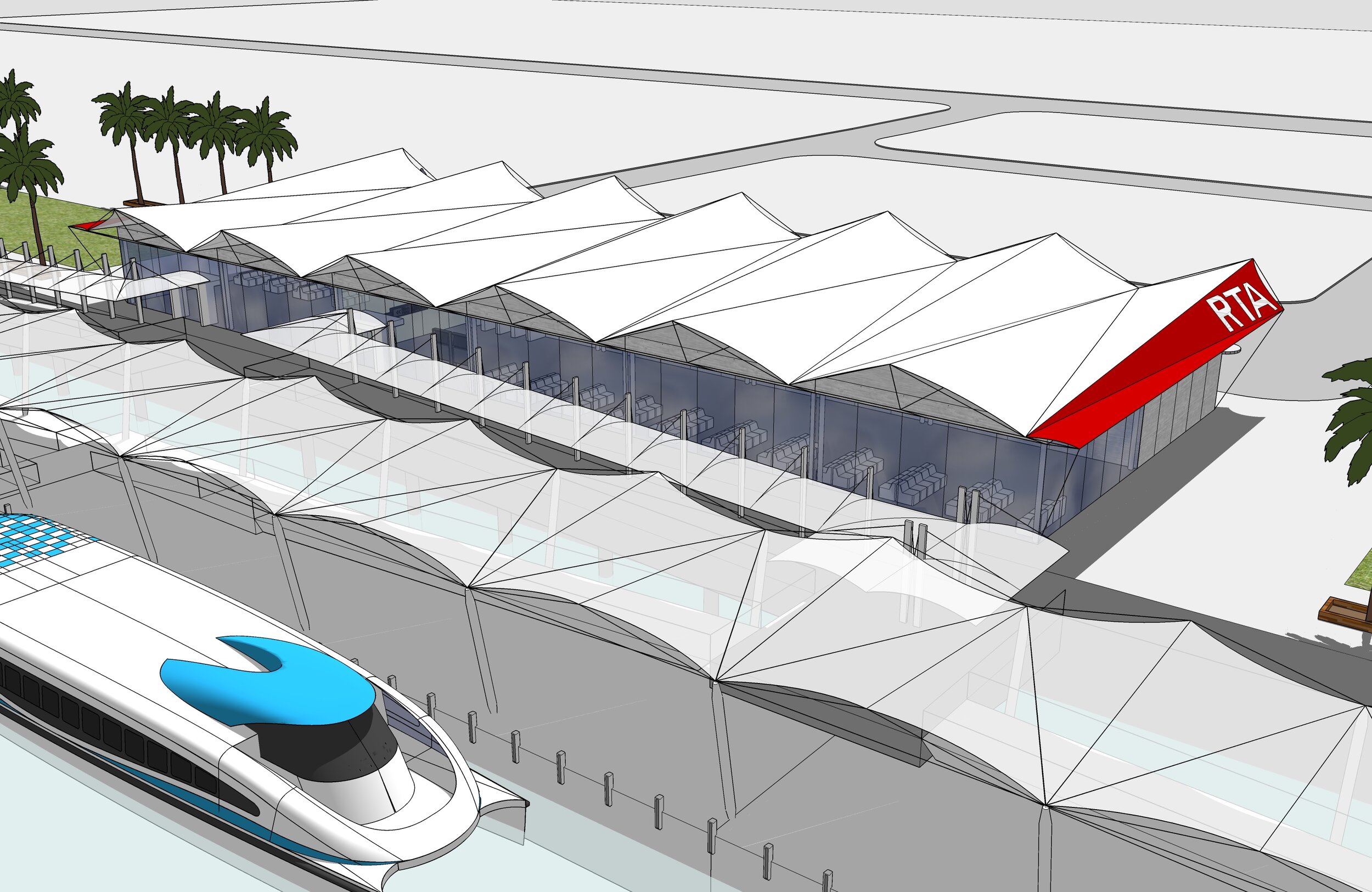 View of the 3D model of a proposed water transport station as part of the Master Plan