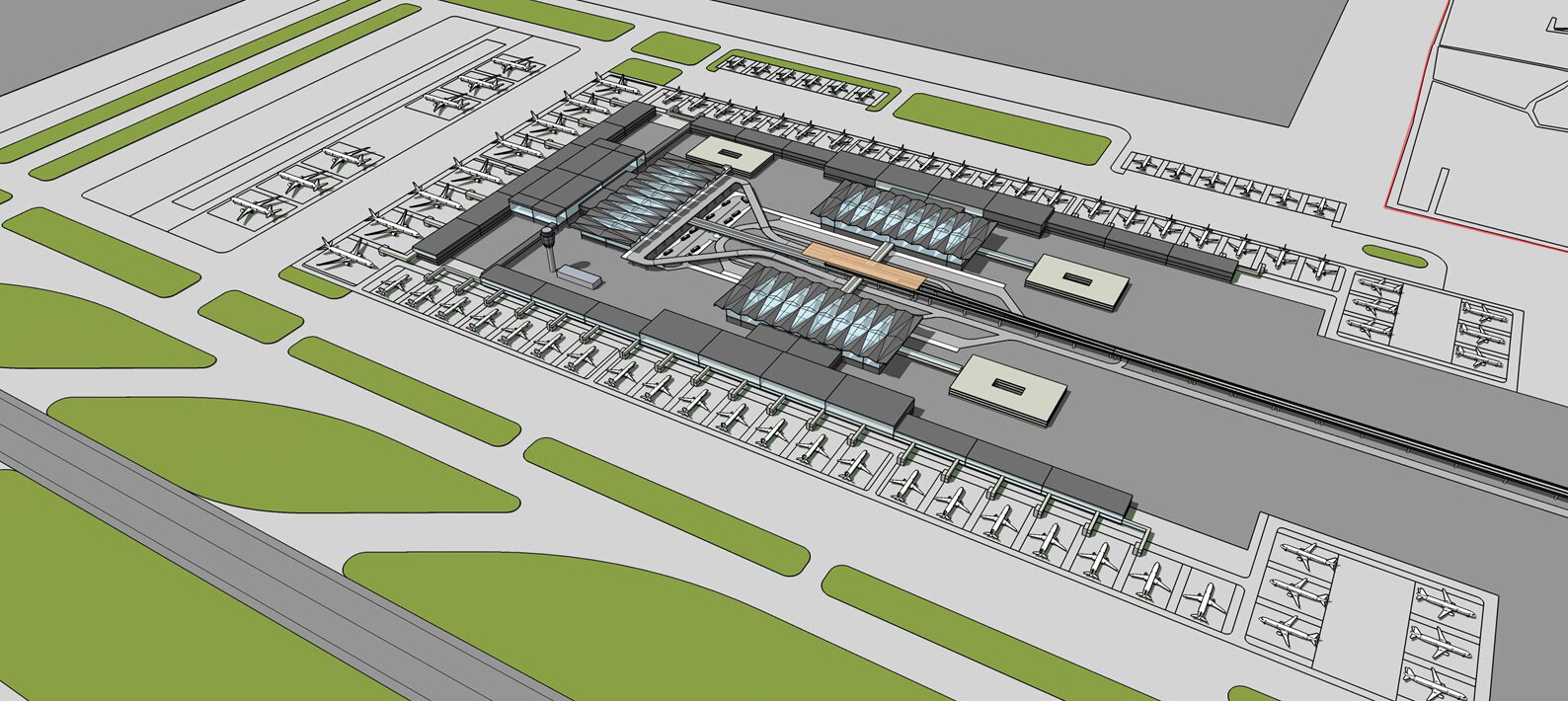 Aerial view of the terminals at TLC Airport
