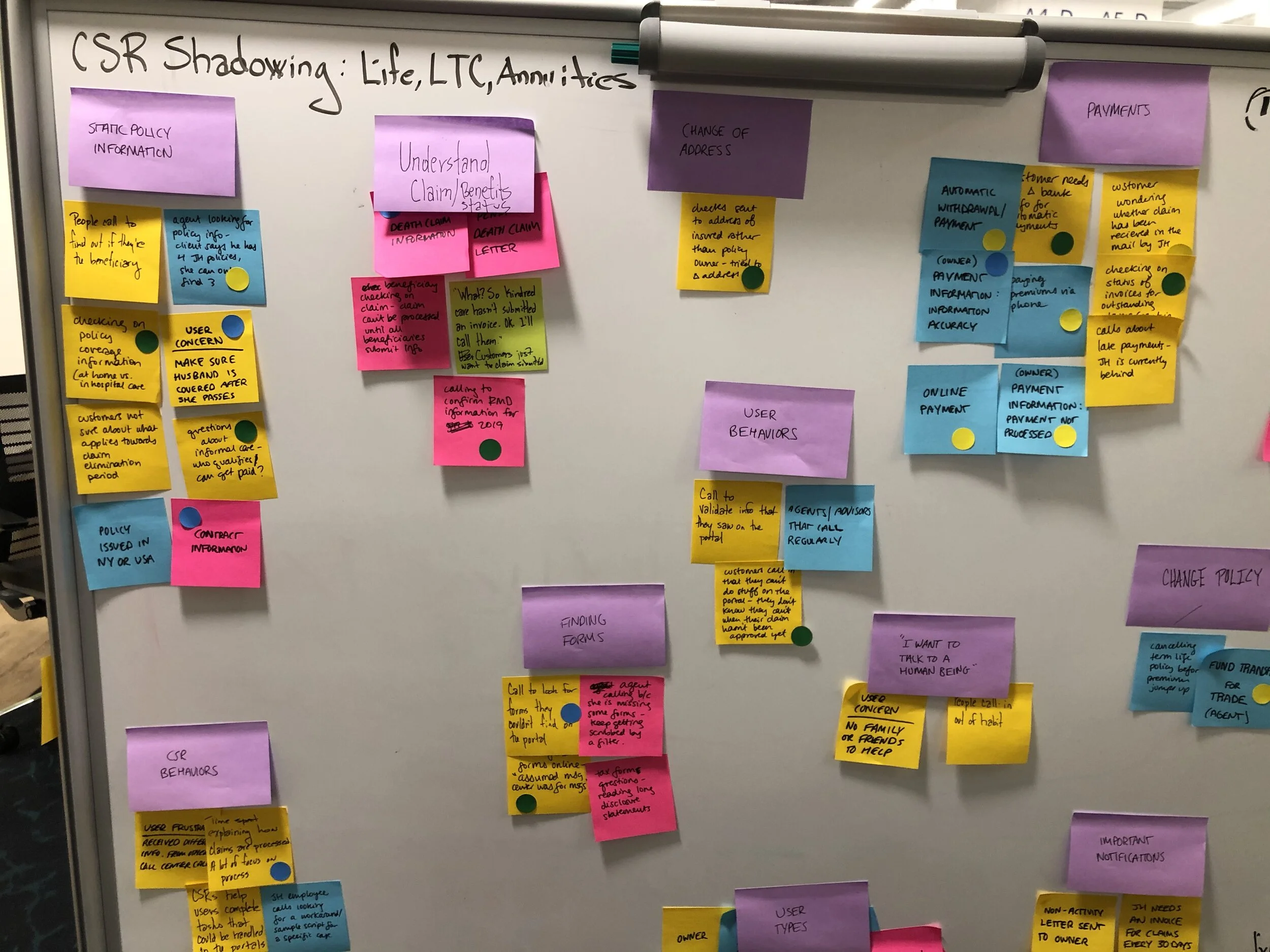 Notes from shadowing CSR interviews affinity mapped on a white board