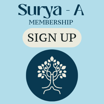A graphic design promoting Surya membership with a large sign-up button and a tree logo.