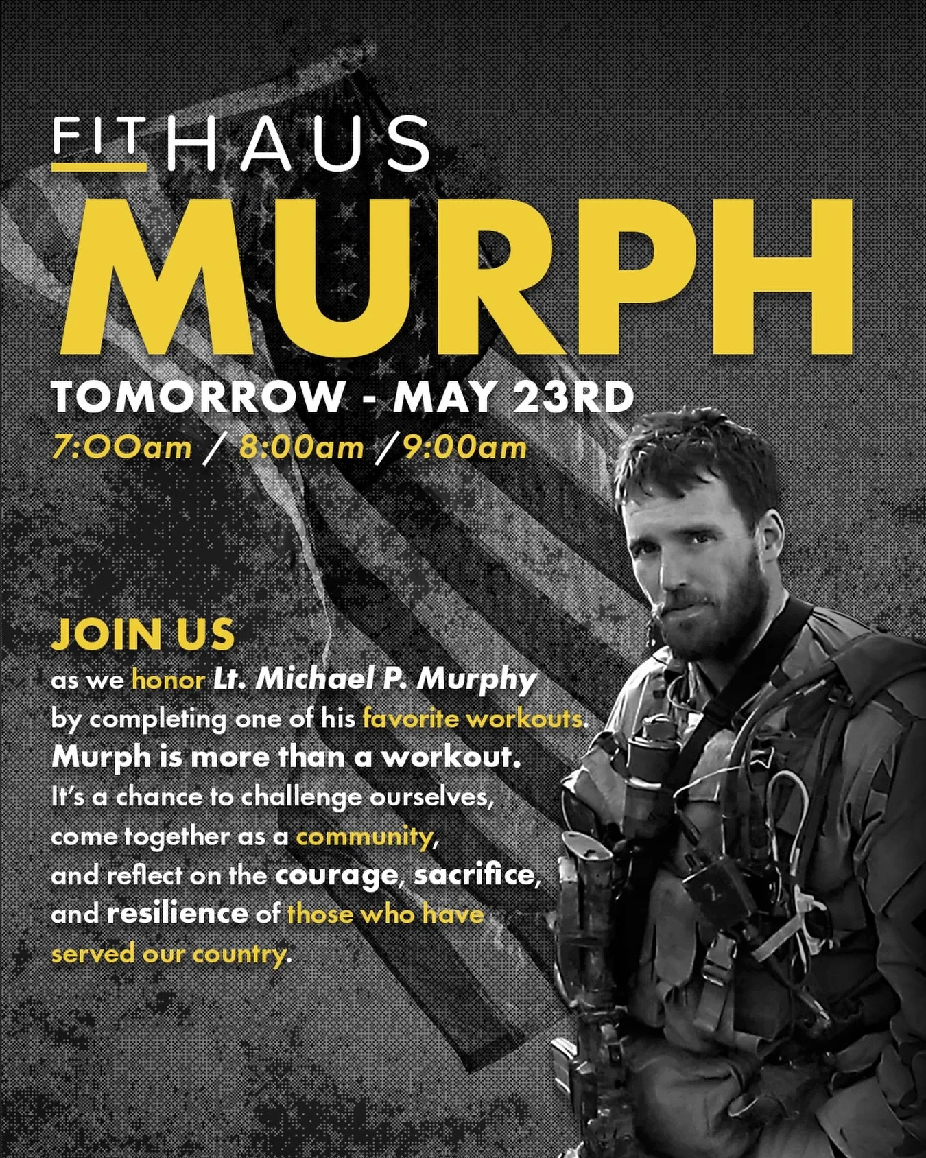 Murph is tomorrow. 🇺🇸

Join us at FitHaus as we come together to honor Lt. Michael P. Murphy through one of the most meaningful workouts of the year. This is bigger than fitness. It&rsquo;s about challenge, perspective, community, and remembering t