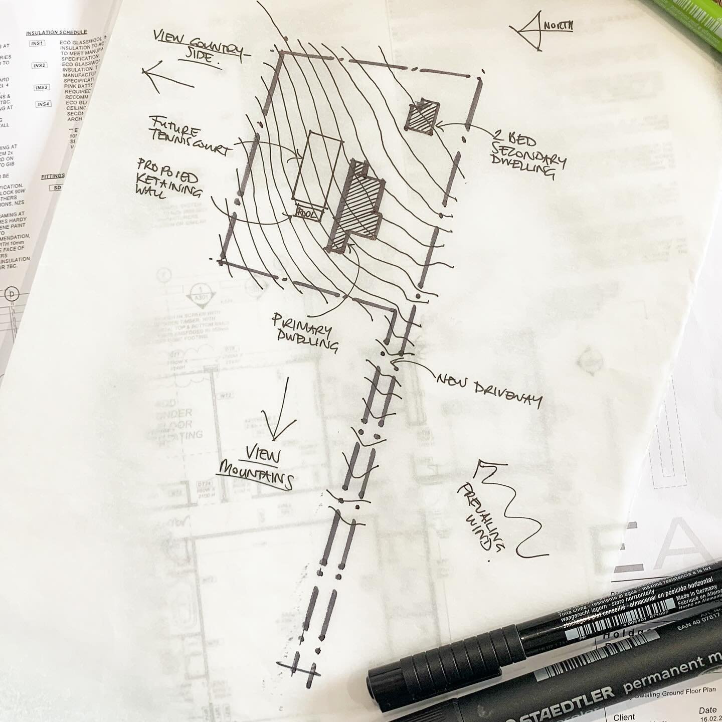 ✍🏼 Initial site plan showing the primary &amp; secondary dwelling&rsquo;s on a stunning rural Waikato lifestyle block with 360 degree views to Mt Pirongia and the Hakarimata Ranges. 

Careful consideration has been given to creating shelter from the