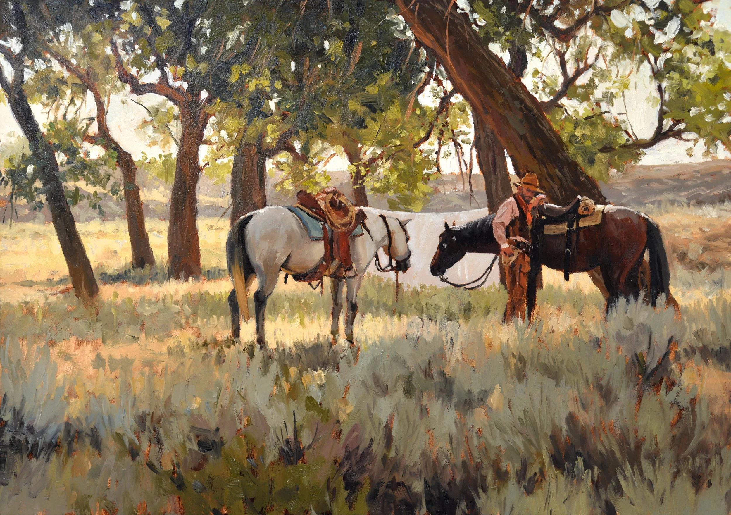 "Under The Cottonwoods" 14x20, Oil on Board, 2026 (Will be made available at Young Guns Coors Western Art Show January 2027 )