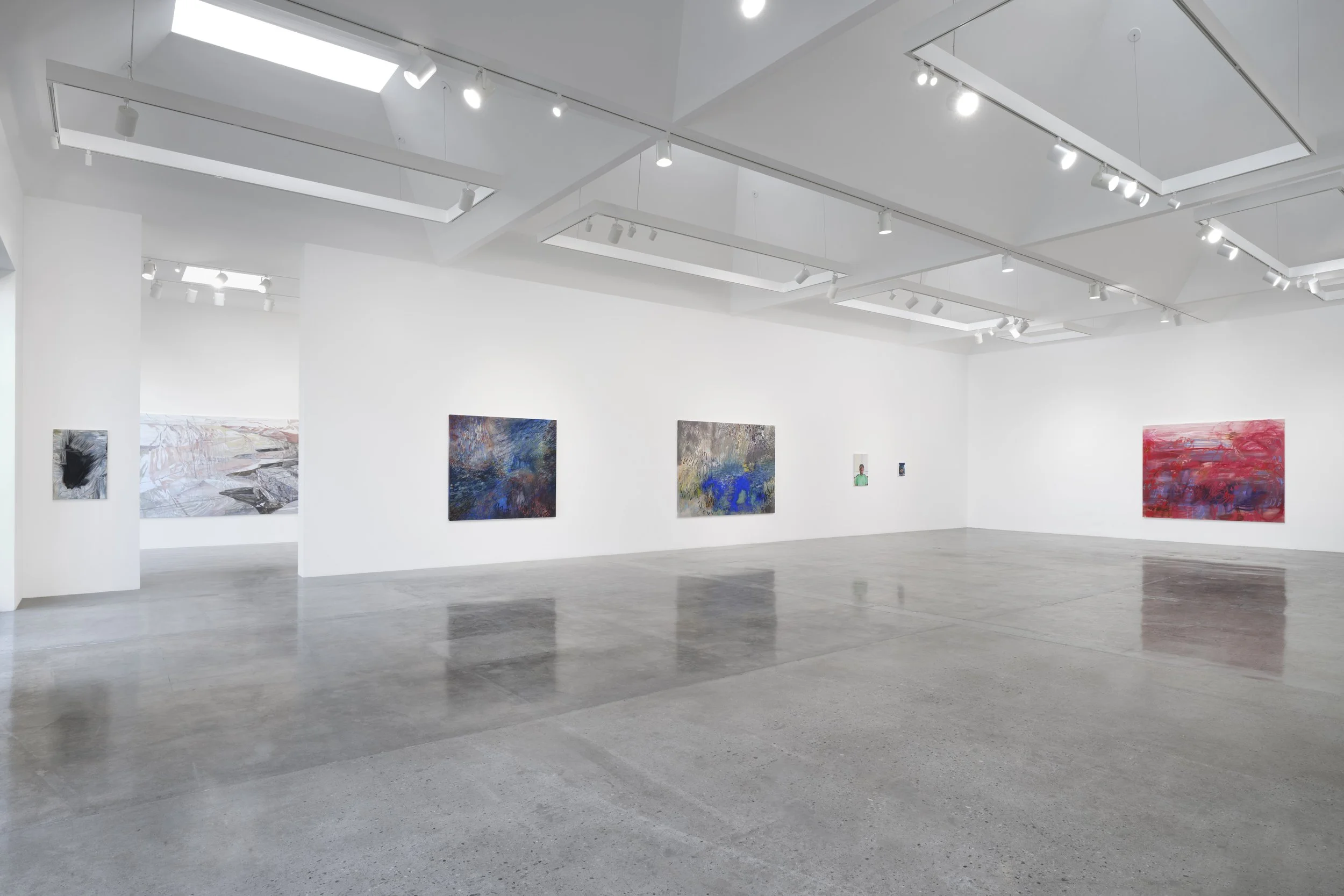 Installation view of Sarah Martin-Nuss’s paintings in Land Marks, a group exhibition at Pace Gallery Los Angeles, 2025.