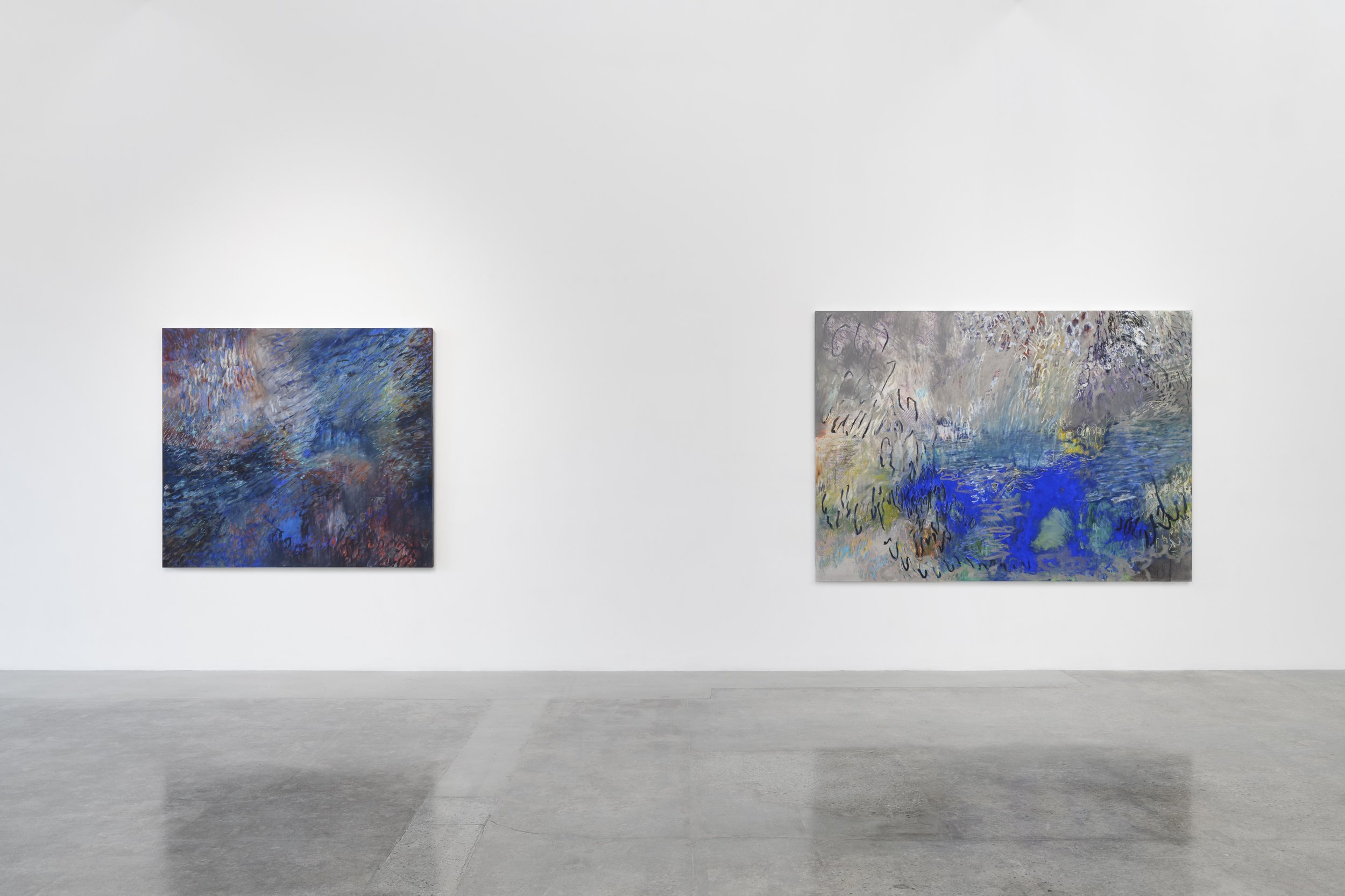 Installation view of Sarah Martin-Nuss’s paintings in Land Marks, a group exhibition at Pace Gallery Los Angeles, 2025.