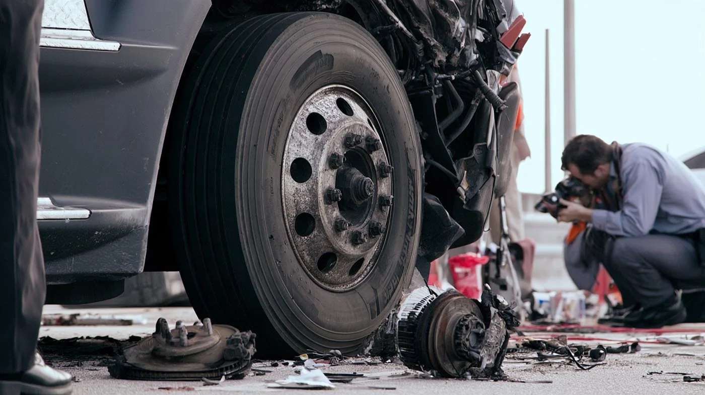 Commercial truck being examined following a serious traffic accident