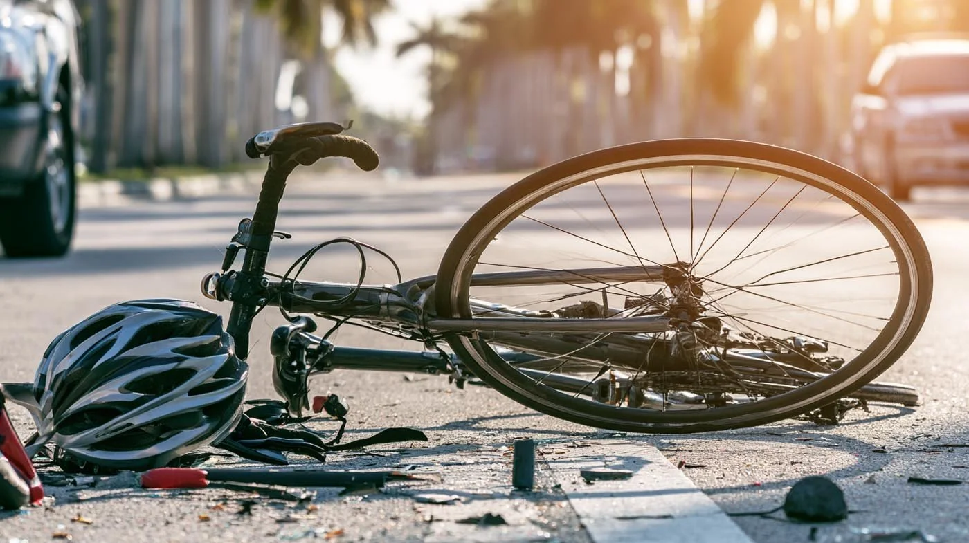 Damaged bicycle and helmet following a traffic accident