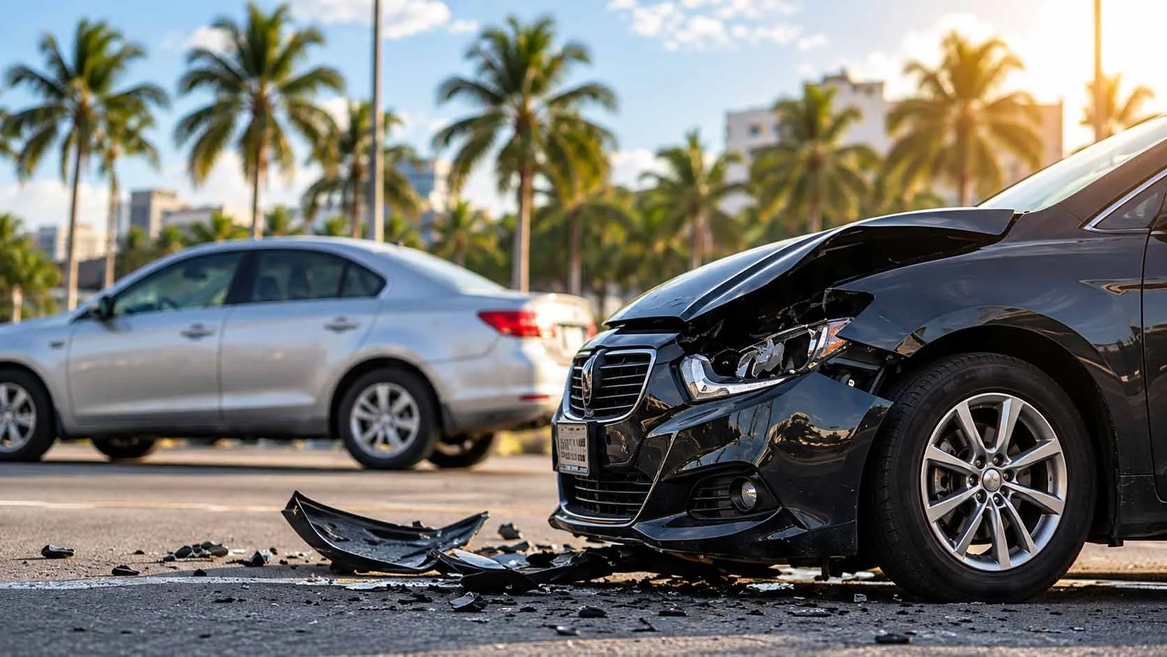 Damaged car after a traffic collision on a palm-lined road in Boca Raton