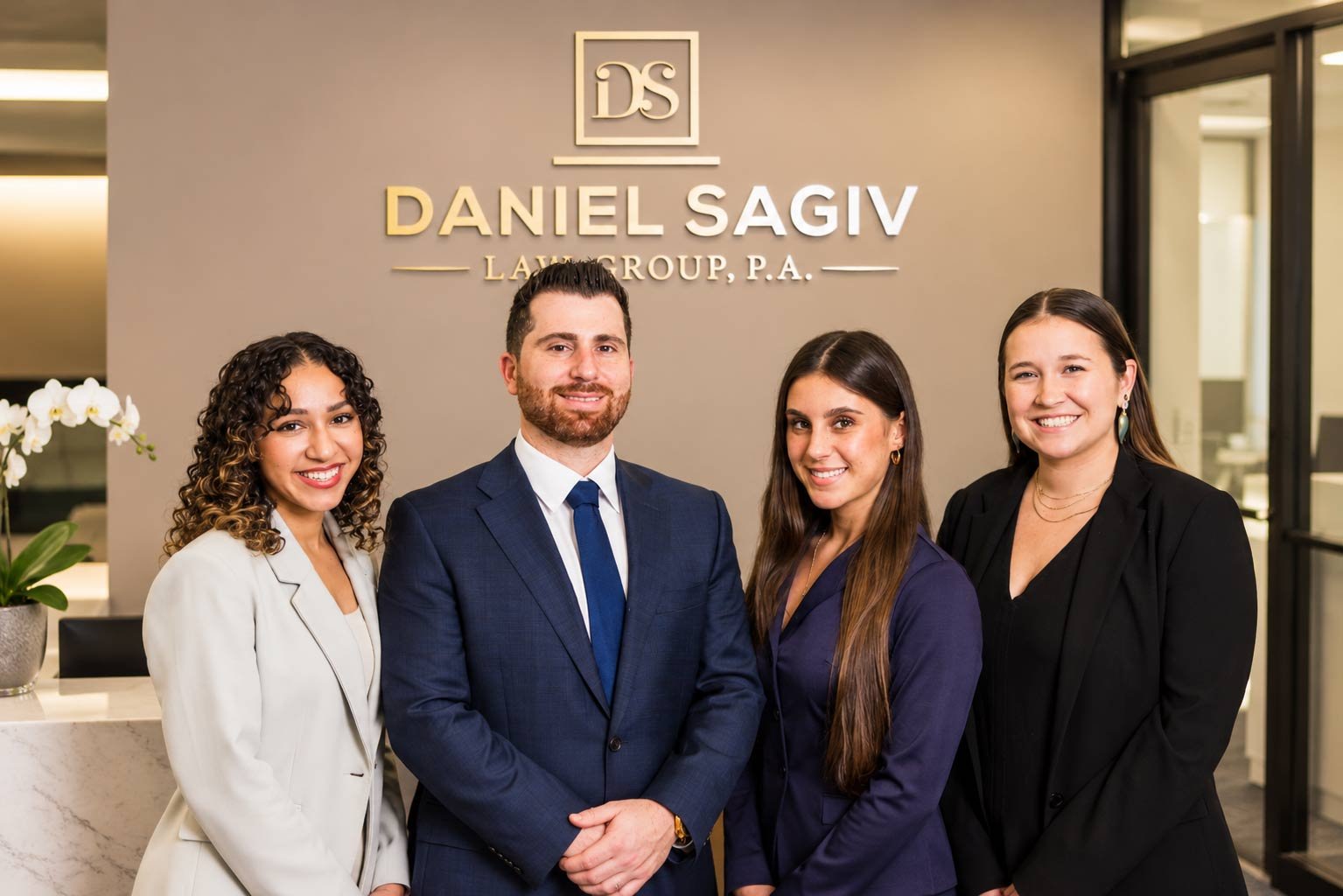Four professionals standing in front of a sign that reads 'Daniel Sagiv Law Group, P.A.' in a modern office lobby.