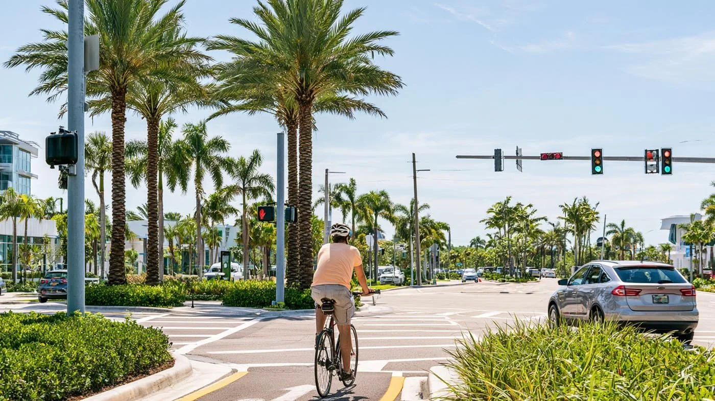 Cyclist and vehicle approaching an intersection in Boca Raton