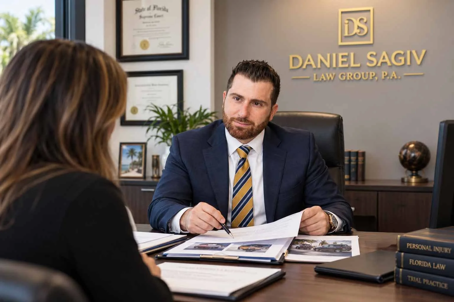 Attorney Daniel Sagiv meeting with a personal injury client in his Boca Raton office