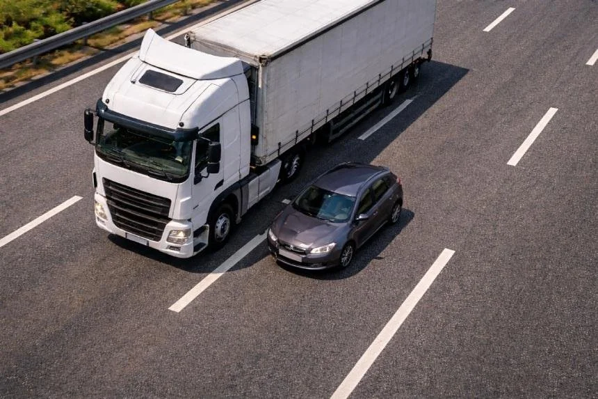 Passenger vehicle traveling near a commercial truck's blind spot