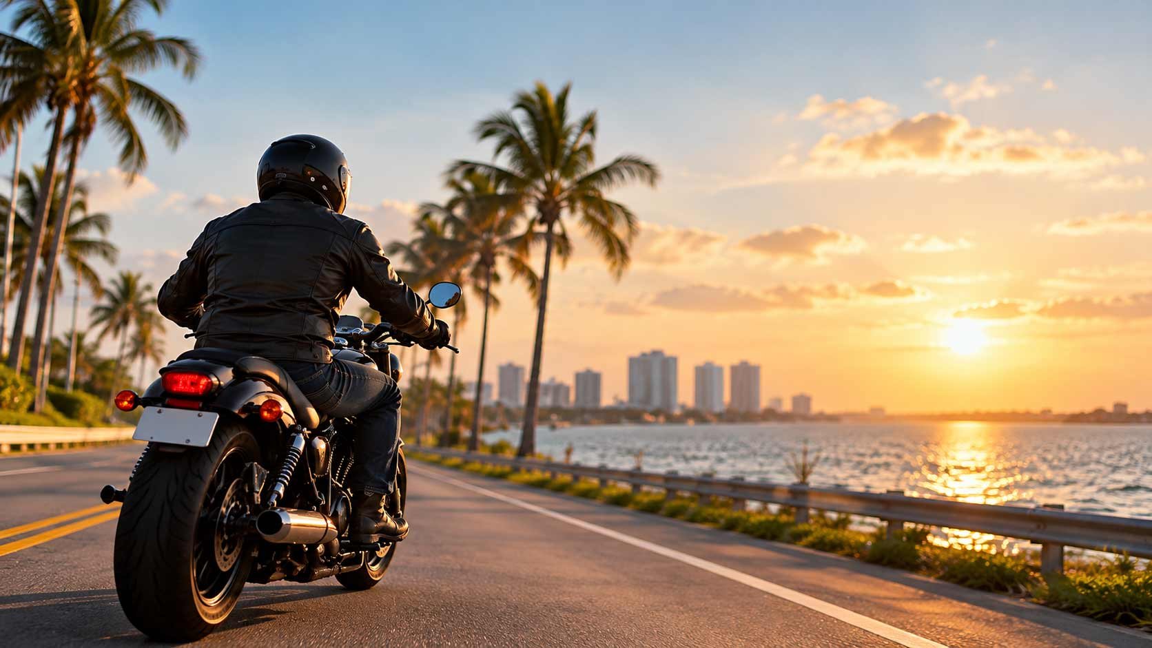 Motorcyclist riding along a Florida coastal road at sunset