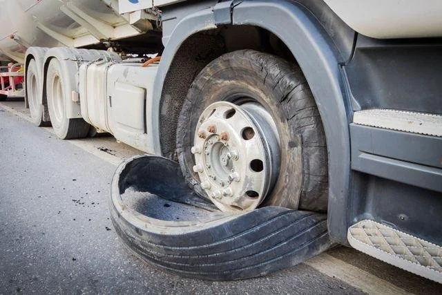 Damaged truck tire following a tire blowout.