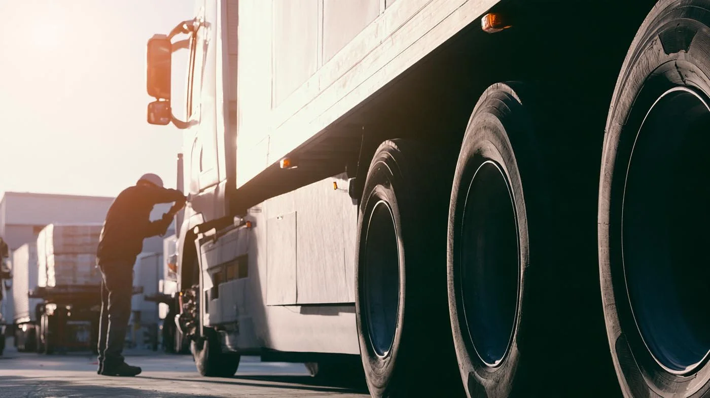 Commercial semi-truck and trailer being inspected before transport