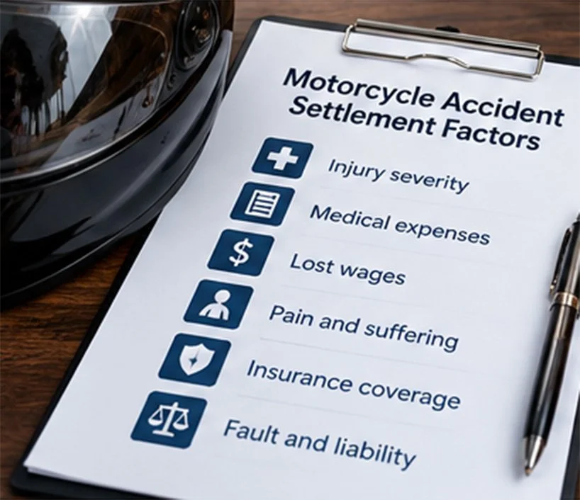 Checklist of factors affecting motorcycle accident compensation, including injuries, medical costs, lost wages, and liability