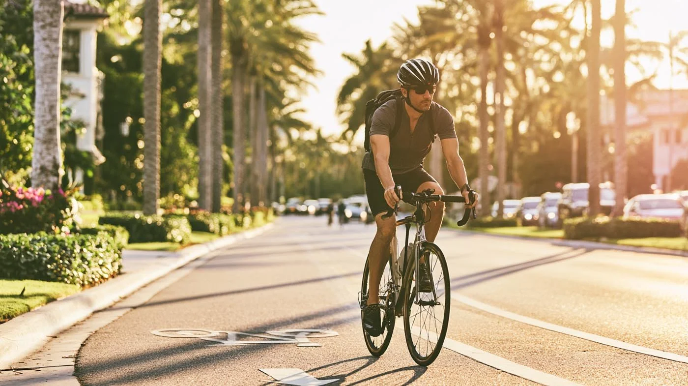Cyclist riding on a palm-lined road in Boca Raton