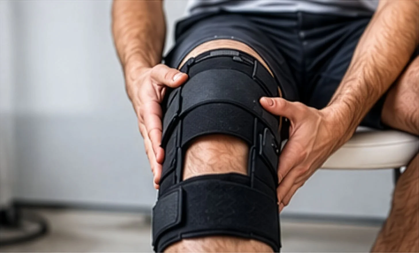 Injured motorcyclist wearing a knee brace during recovery