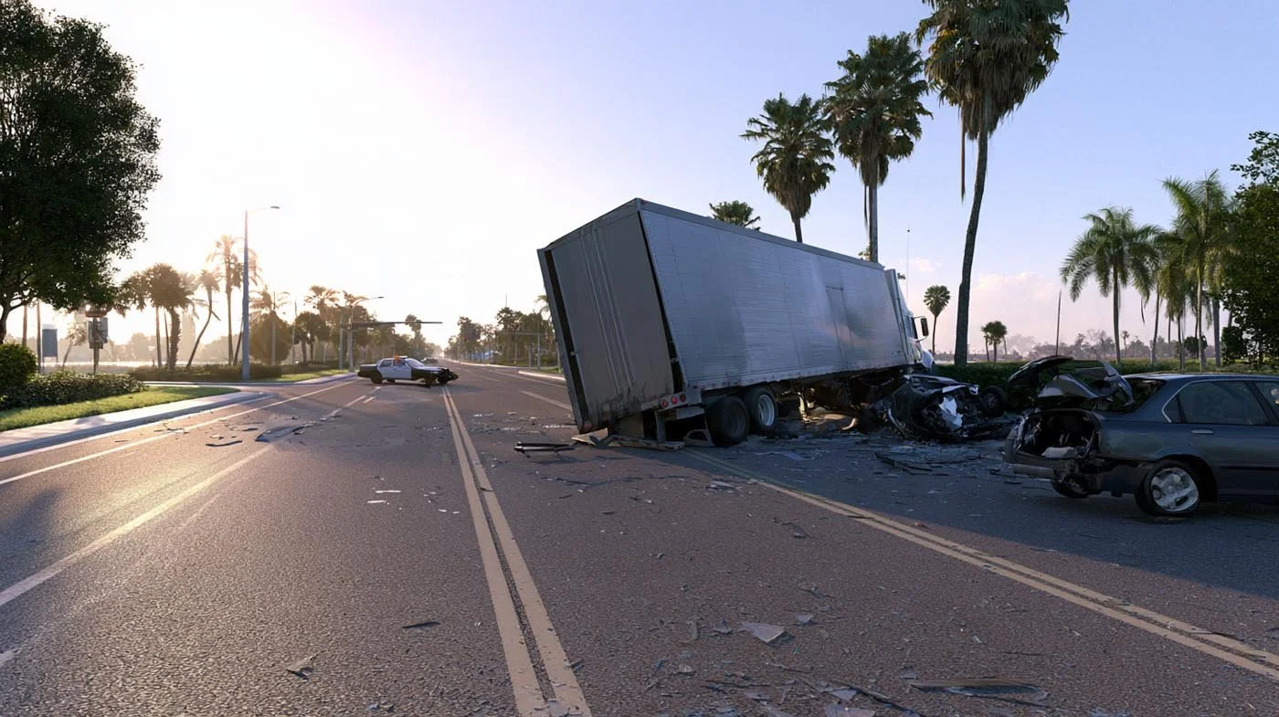 Commercial truck accident scene on a South Florida roadway