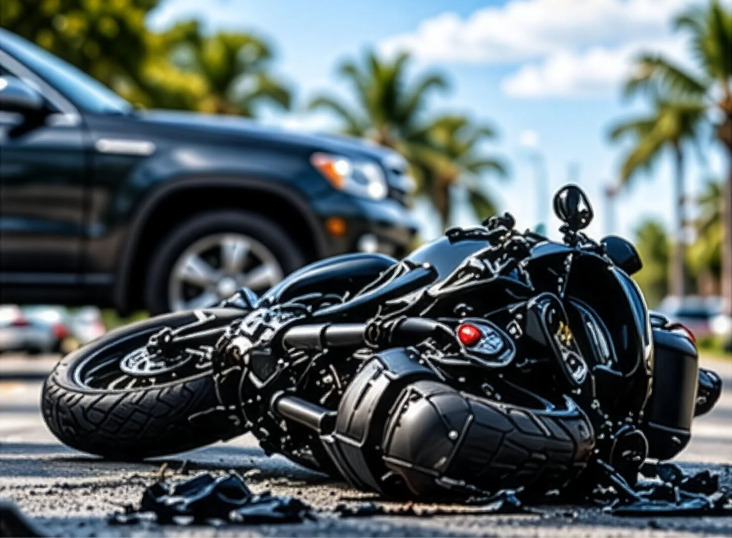 Damaged motorcycle at the scene of a traffic accident