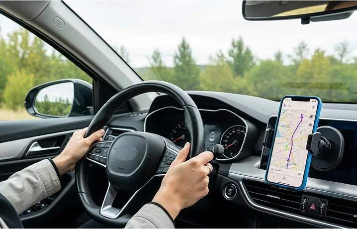 Smartphone mounted inside a rideshare vehicle displaying navigation during a trip.