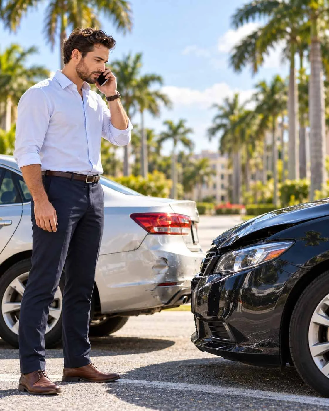 Man calling after a car accident beside damaged vehicles on a palm-lined Boca Raton street