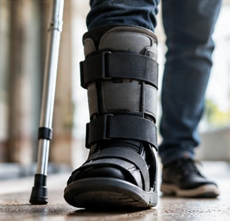Injured motorcyclist wearing a medical walking boot and using a crutch
