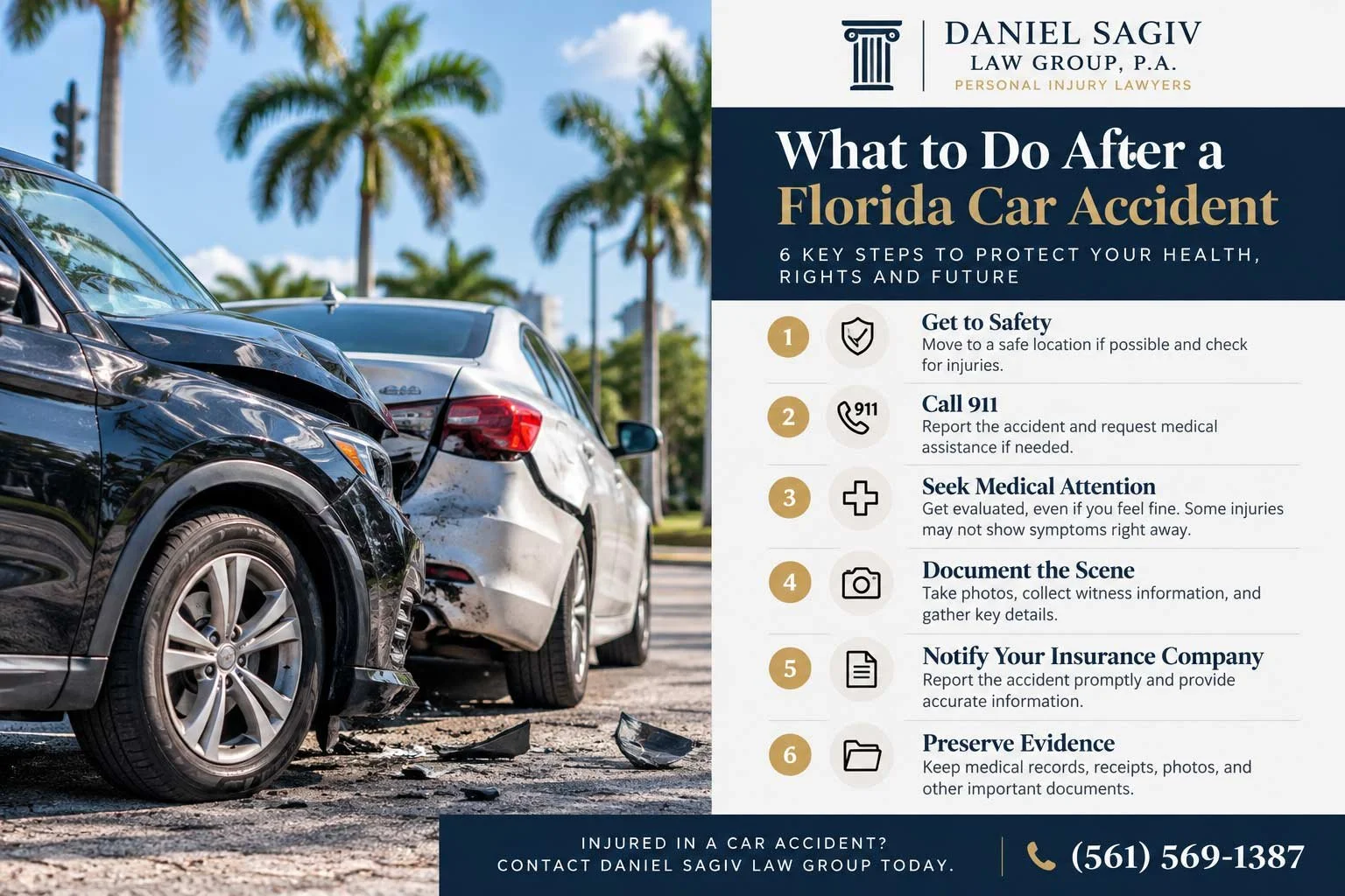 Six steps to take after a Florida car accident, including getting to safety, calling 911, seeking medical attention, documenting the scene, notifying insurance, and preserving evidence.