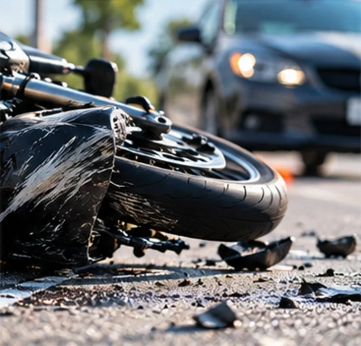 Damaged motorcycle lying on a road following a collision