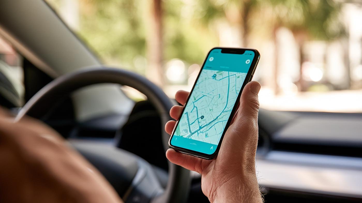 Driver using a smartphone navigation app while stopped