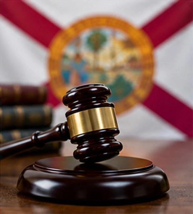 Judge's gavel with Florida state flag representing motorcycle accident laws