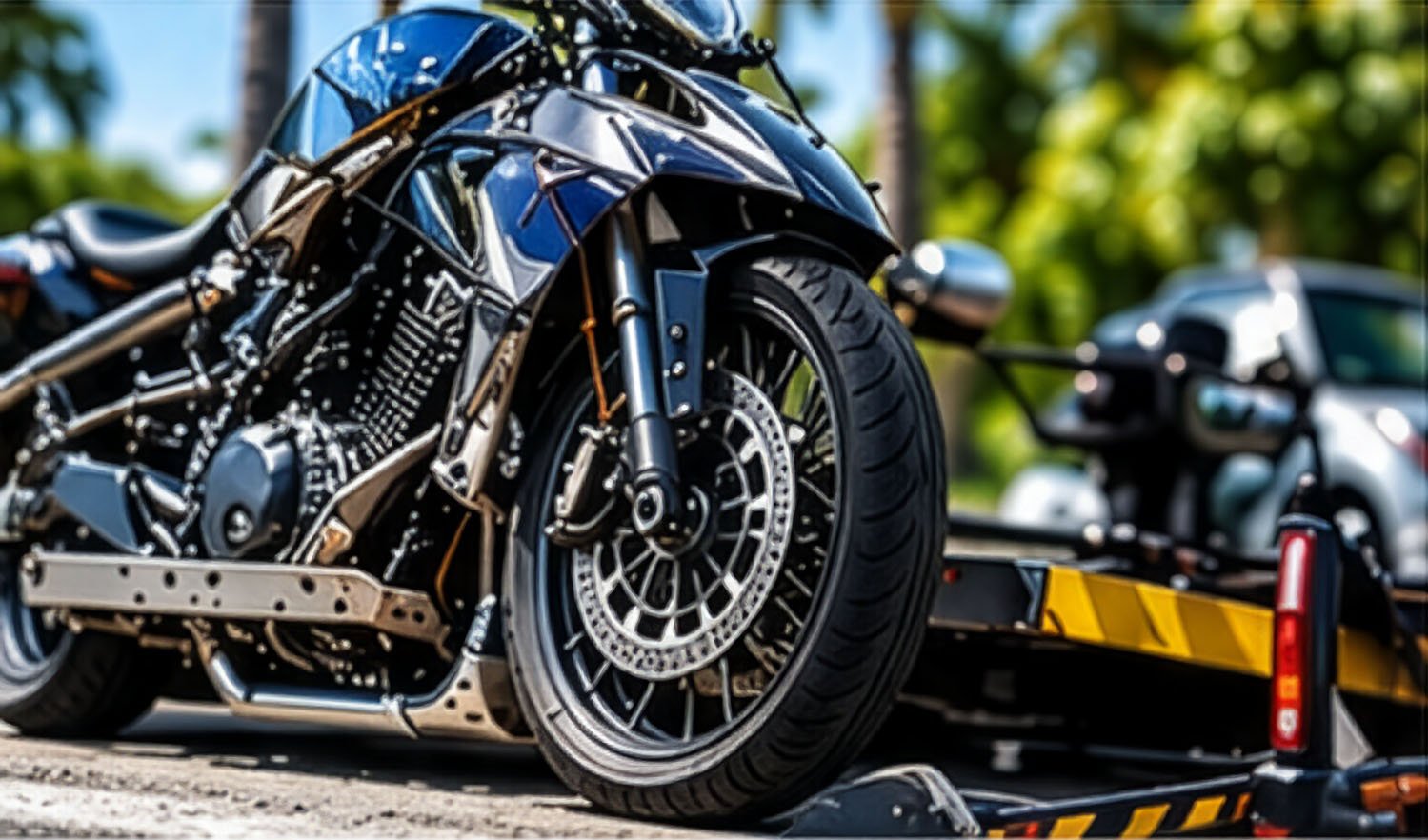 Damaged motorcycle being loaded onto a tow truck