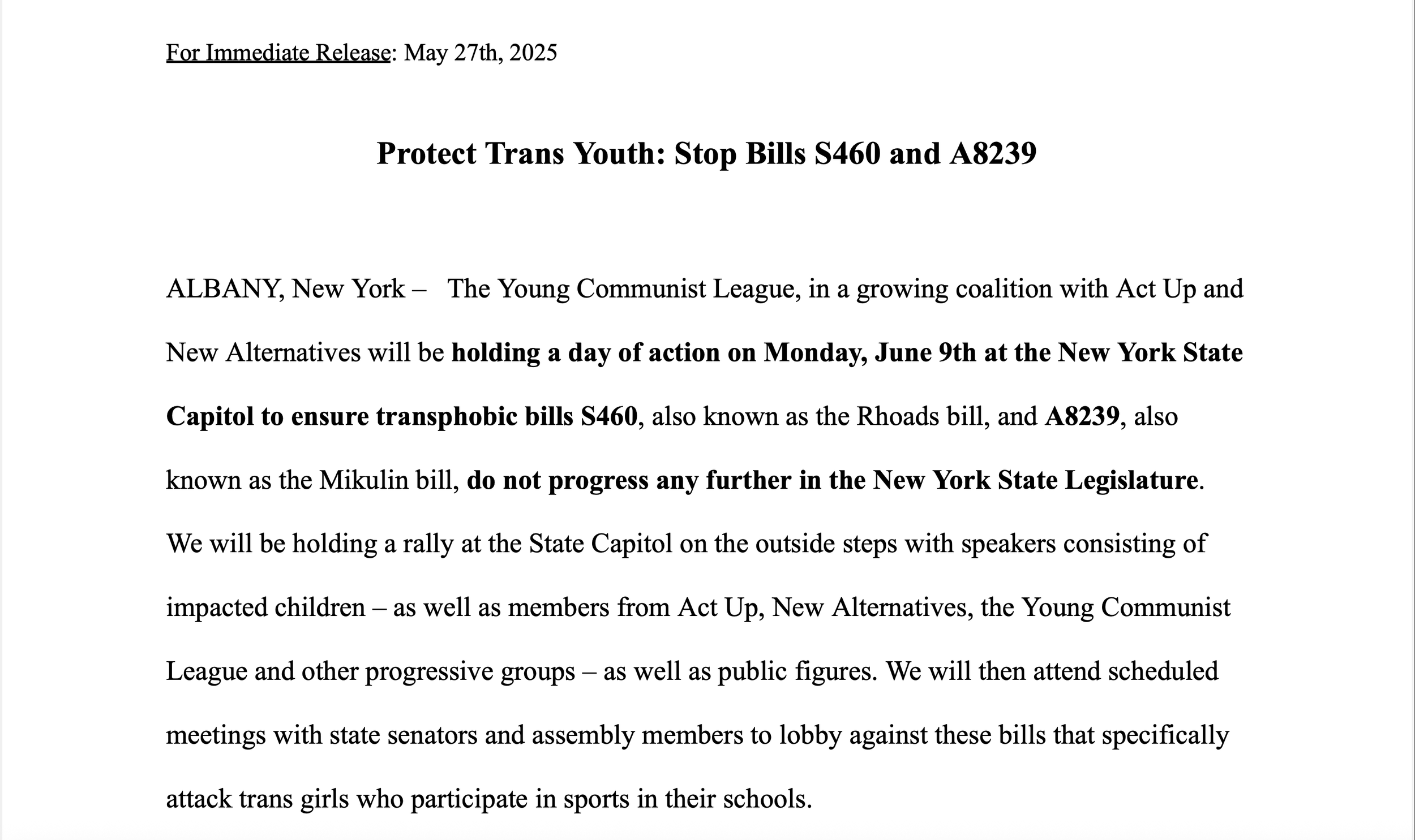 PRESS RELEASE: Protect Trans Youth! Stop Bills S460 and A8239